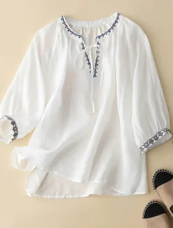 Women's Shirt Blouse Cotton Linen Shirts Plain Fashion V Neck Street Daily Embroidered White Light Green Pink Summer