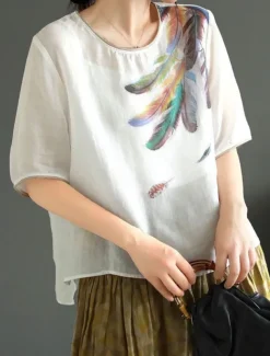 Women's Shirt Blouse Cotton Linen Shirts Feather Basic Casual Half Sleeve Crew Neck Regular Tops Daily Print White Pink Green Khaki Summer Spring