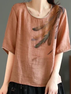 Women's Shirt Blouse Cotton Linen Shirts Feather Basic Casual Half Sleeve Crew Neck Regular Tops Daily Print White Pink Green Khaki Summer Spring