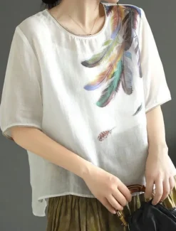 Women's Shirt Blouse Cotton Linen Shirts Feather Basic Casual Half Sleeve Crew Neck Regular Tops Daily Print White Pink Green Khaki Summer Spring
