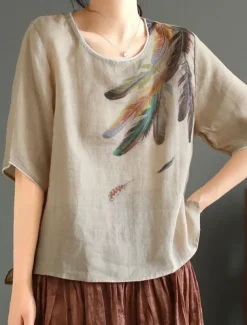 Women's Shirt Blouse Cotton Linen Shirts Feather Basic Casual Half Sleeve Crew Neck Regular Tops Daily Print White Pink Green Khaki Summer Spring