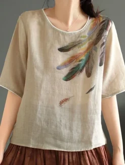 Women's Shirt Blouse Cotton Linen Shirts Feather Basic Casual Half Sleeve Crew Neck Regular Tops Daily Print White Pink Green Khaki Summer Spring