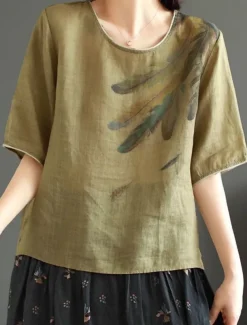 Women's Shirt Blouse Cotton Linen Shirts Feather Basic Casual Half Sleeve Crew Neck Regular Tops Daily Print White Pink Green Khaki Summer Spring