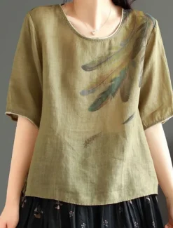 Women's Shirt Blouse Cotton Linen Shirts Feather Basic Casual Half Sleeve Crew Neck Regular Tops Daily Print White Pink Green Khaki Summer Spring