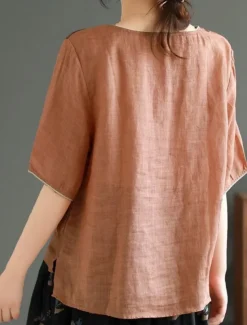 Women's Shirt Blouse Cotton Linen Shirts Feather Basic Casual Half Sleeve Crew Neck Regular Tops Daily Print White Pink Green Khaki Summer Spring