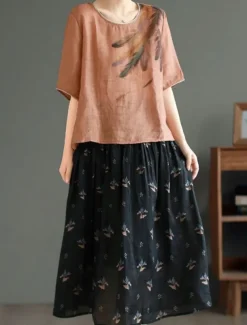 Women's Shirt Blouse Cotton Linen Shirts Feather Basic Casual Half Sleeve Crew Neck Regular Tops Daily Print White Pink Green Khaki Summer Spring