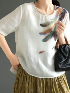 Women's Shirt Blouse Cotton Linen Shirts Feather Basic Casual Half Sleeve Crew Neck Regular Tops Daily Print White Pink Green Khaki Summer Spring
