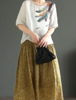 Women's Shirt Blouse Cotton Linen Shirts Feather Basic Casual Half Sleeve Crew Neck Regular Tops Daily Print White Pink Green Khaki Summer Spring