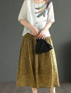 Women's Shirt Blouse Cotton Linen Shirts Feather Basic Casual Half Sleeve Crew Neck Regular Tops Daily Print White Pink Green Khaki Summer Spring