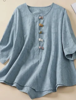 Women's Shirt Blouse Cotton Linen Shirts Solid Color Basic Casual 3/4 Length Sleeve Crew Neck Regular Tops Daily Buttons Pink Blue Summer