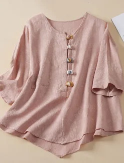 Women's Shirt Blouse Cotton Linen Shirts Solid Color Basic Casual 3/4 Length Sleeve Crew Neck Regular Tops Daily Buttons Pink Blue Summer