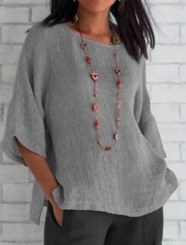 Women's Shirt Blouse Cotton Linen Shirts Solid Color Basic Casual 3/4 Length Sleeve Crew Neck Regular Tops Daily Grass Green Black White Light Green Pink Summer