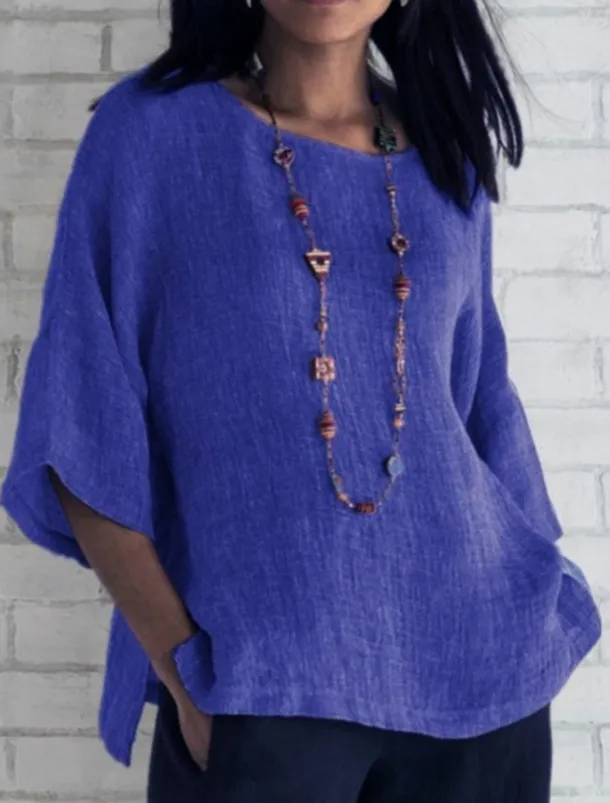 Women's Shirt Blouse Cotton Linen Shirts Solid Color Basic Casual 3/4 Length Sleeve Crew Neck Regular Tops Daily Grass Green Black White Light Green Pink Summer