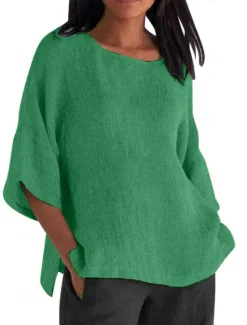 Women's Shirt Blouse Cotton Linen Shirts Solid Color Basic Casual 3/4 Length Sleeve Crew Neck Regular Tops Daily Grass Green Black White Light Green Pink Summer