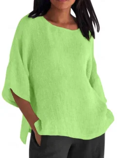 Women's Shirt Blouse Cotton Linen Shirts Solid Color Basic Casual 3/4 Length Sleeve Crew Neck Regular Tops Daily Grass Green Black White Light Green Pink Summer