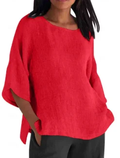 Women's Shirt Blouse Cotton Linen Shirts Solid Color Basic Casual 3/4 Length Sleeve Crew Neck Regular Tops Daily Grass Green Black White Light Green Pink Summer