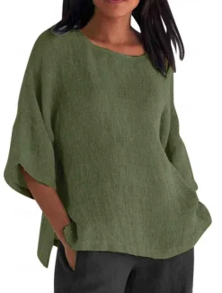 Women's Shirt Blouse Cotton Linen Shirts Solid Color Basic Casual 3/4 Length Sleeve Crew Neck Regular Tops Daily Grass Green Black White Light Green Pink Summer