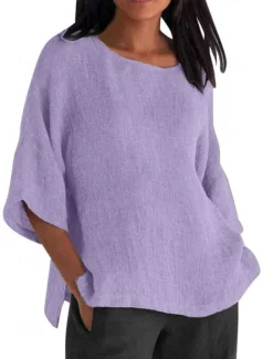 Women's Shirt Blouse Cotton Linen Shirts Solid Color Basic Casual 3/4 Length Sleeve Crew Neck Regular Tops Daily Grass Green Black White Light Green Pink Summer