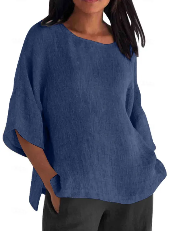 Women's Shirt Blouse Cotton Linen Shirts Solid Color Basic Casual 3/4 Length Sleeve Crew Neck Regular Tops Daily Grass Green Black White Light Green Pink Summer