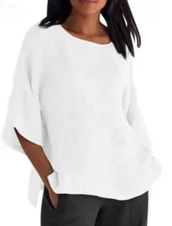 Women's Shirt Blouse Cotton Linen Shirts Solid Color Basic Casual 3/4 Length Sleeve Crew Neck Regular Tops Daily Grass Green Black White Light Green Pink Summer