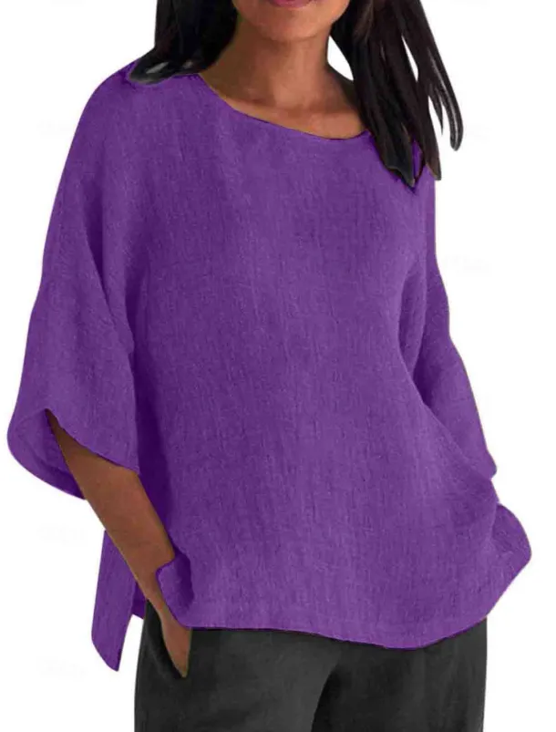 Women's Shirt Blouse Cotton Linen Shirts Solid Color Basic Casual 3/4 Length Sleeve Crew Neck Regular Tops Daily Grass Green Black White Light Green Pink Summer