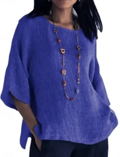 Women's Shirt Blouse Cotton Linen Shirts Solid Color Basic Casual 3/4 Length Sleeve Crew Neck Regular Tops Daily Grass Green Black White Light Green Pink Summer