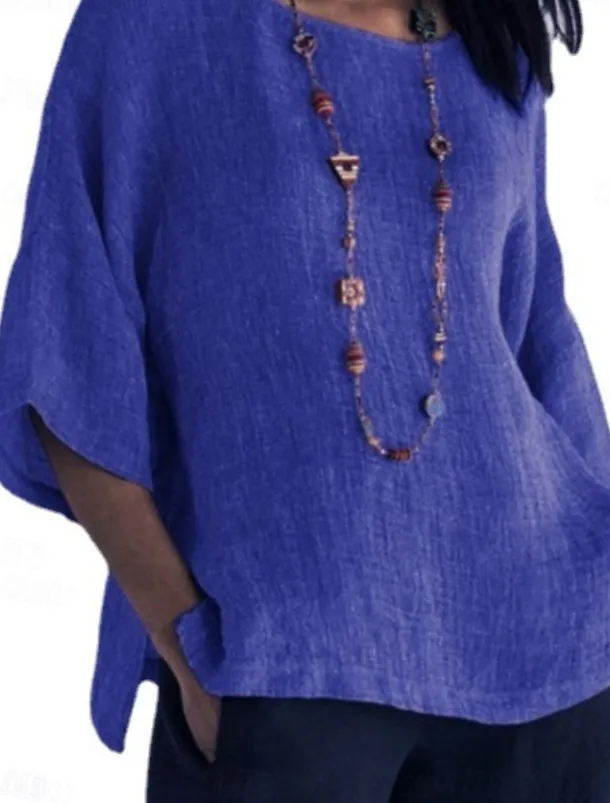 Women's Shirt Blouse Cotton Linen Shirts Solid Color Basic Casual 3/4 Length Sleeve Crew Neck Regular Tops Daily Grass Green Black White Light Green Pink Summer