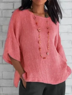 Women's Shirt Blouse Cotton Linen Shirts Solid Color Basic Casual 3/4 Length Sleeve Crew Neck Regular Tops Daily Grass Green Black White Light Green Pink Summer