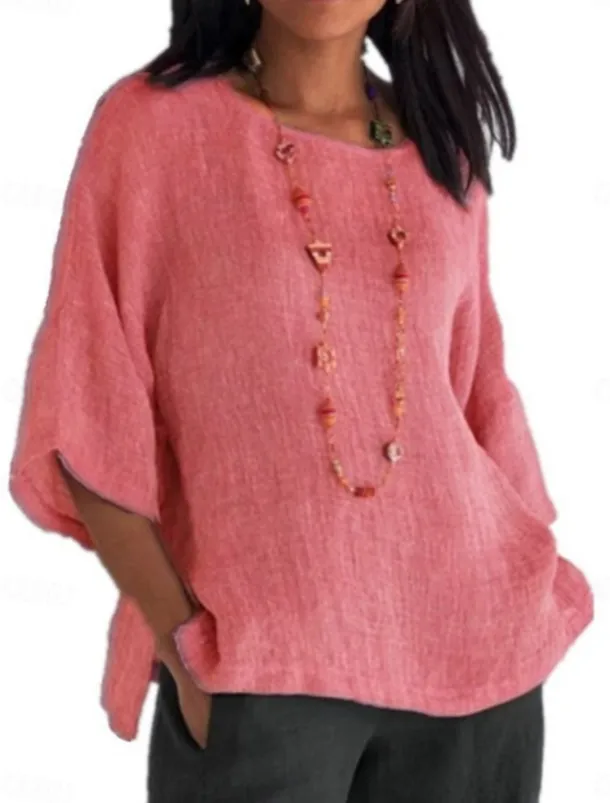 Women's Shirt Blouse Cotton Linen Shirts Solid Color Basic Casual 3/4 Length Sleeve Crew Neck Regular Tops Daily Grass Green Black White Light Green Pink Summer