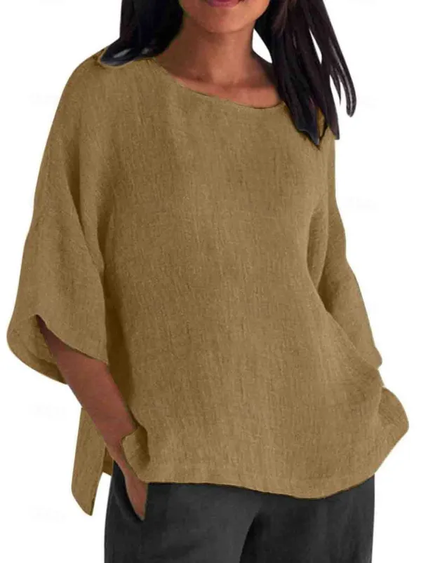 Women's Shirt Blouse Cotton Linen Shirts Solid Color Basic Casual 3/4 Length Sleeve Crew Neck Regular Tops Daily Grass Green Black White Light Green Pink Summer