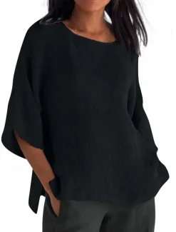 Women's Shirt Blouse Cotton Linen Shirts Solid Color Basic Casual 3/4 Length Sleeve Crew Neck Regular Tops Daily Grass Green Black White Light Green Pink Summer