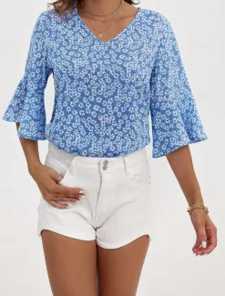 Women's Shirt Blouse Dressy Tops Floral Casual 3/4 Length Sleeve Bell Sleeve V Neck Regular Tops Vacation Daily Print Yellow Blue Green Spring & Summer