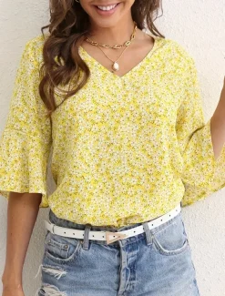 Women's Shirt Blouse Dressy Tops Floral Casual 3/4 Length Sleeve Bell Sleeve V Neck Regular Tops Vacation Daily Print Yellow Blue Green Spring & Summer