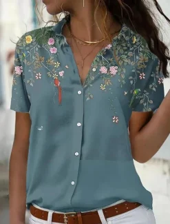 Women's Shirt Blouse Floral Stylish Casual Short Sleeve Shirt Collar Regular Tops Daily Buttons Print Light Green Pink Blue Summer Spring