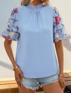 Women's Shirt Blouse Floral Casual Short Sleeve Turtleneck Regular Tops Daily Mesh Patchwork Embroidered Blue Summer Spring