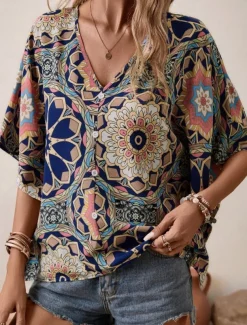 Women's Shirt Blouse Floral Bohemia Vintage Casual 3/4 Length Sleeve V Neck Regular Tops Daily Buttons Print Navy Blue Brown Summer Fall