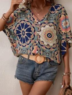 Women's Shirt Blouse Floral Bohemia Vintage Casual 3/4 Length Sleeve V Neck Regular Tops Daily Buttons Print Navy Blue Brown Summer Fall
