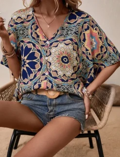 Women's Shirt Blouse Floral Bohemia Vintage Casual 3/4 Length Sleeve V Neck Regular Tops Daily Buttons Print Navy Blue Brown Summer Fall