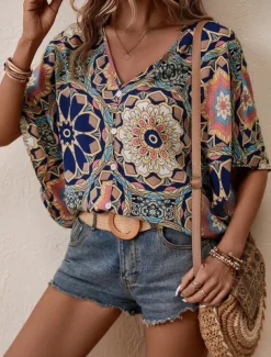 Women's Shirt Blouse Floral Bohemia Vintage Casual 3/4 Length Sleeve V Neck Regular Tops Daily Buttons Print Navy Blue Brown Summer Fall