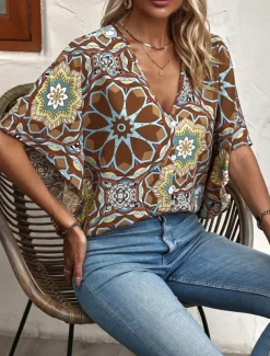 Women's Shirt Blouse Floral Bohemia Vintage Casual 3/4 Length Sleeve V Neck Regular Tops Daily Buttons Print Navy Blue Brown Summer Fall