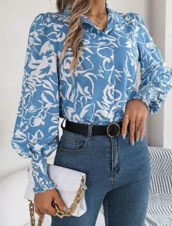 Women's Shirt Blouse Floral Casual Work Stylish Modern Puff Sleeve Long Sleeve White Spring Fall