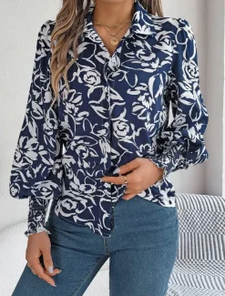 Women's Shirt Blouse Floral Casual Work Stylish Modern Puff Sleeve Long Sleeve White Spring Fall