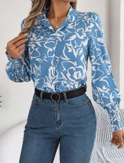Women's Shirt Blouse Floral Casual Work Stylish Modern Puff Sleeve Long Sleeve White Spring Fall