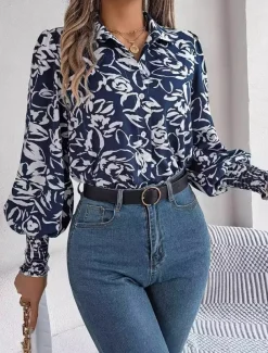 Women's Shirt Blouse Floral Casual Work Stylish Modern Puff Sleeve Long Sleeve White Spring Fall