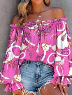 Women's Shirt Blouse Floral Stylish Casual Long Sleeve Off Shoulder Regular Tops Daily Backless Print Royal Blue Blue Fuchsia Green Summer Spring
