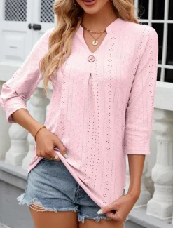 Women's Shirt Blouse Floral Stylish Casual Long Sleeve Notched Neck Regular Tops Daily Eyelet White Pink Summer Spring