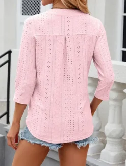 Women's Shirt Blouse Floral Stylish Casual Long Sleeve Notched Neck Regular Tops Daily Eyelet White Pink Summer Spring