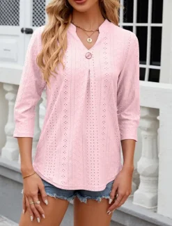 Women's Shirt Blouse Floral Stylish Casual Long Sleeve Notched Neck Regular Tops Daily Eyelet White Pink Summer Spring