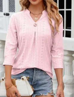 Women's Shirt Blouse Floral Stylish Casual Long Sleeve Notched Neck Regular Tops Daily Eyelet White Pink Summer Spring