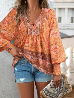 Women's Shirt Blouse Floral Bohemia Casual Long Sleeve V Neck Regular Tops Daily Print Yellow Pink Navy Blue Blue Orange Summer Spring Fall